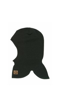 Temno zelena pletena balaklava z prilegajočim vrhom in podaljšano zaščito za vrat. Opremljena je z teksturirano površino in blagovno znamko iz usnja na strani.