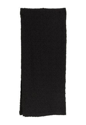 Coperta in tessuto nero con texture, caratterizzata da una finitura stropicciata, forma rettangolare e bordi puliti. Il materiale morbido aggiunge interesse visivo.