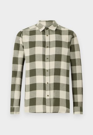 Langarmhemd in einem grün-cream karierten Muster, aus leichtem Stoff, mit einem Button-Down-Kragen und vorderer Knopfleiste.