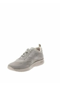 Scarpa da ginnastica grigia chiara con tomaia in mesh traspirante, finitura texturizzata, collo imbottito e chiusura con lacci; suola in gomma leggera.