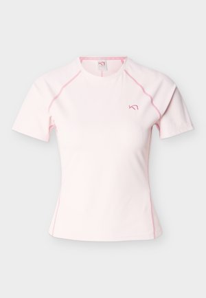 Light pink ribbed short-sleeve athletic shirt with darker pink stitching and small logo on left chest, flat on light background.