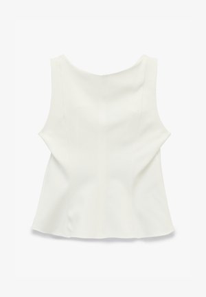 Ærmeløs hvid kvindebluse med bred halsudskæring og tilpasset talje, vist fladt på en hvid baggrund.