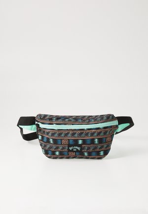 Gürteltasche mit schwarzem, blauem und braunem geometrischem Muster, hellblauem Reißverschluss und verstellbarem schwarzem Riemen vor weißem Hintergrund.