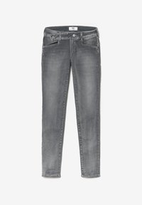 Šedé džíny slim fit s mírným vyblednutím, předním zapínáním na knoflík a zip, a poutky na pásek, ležící na bílém pozadí.