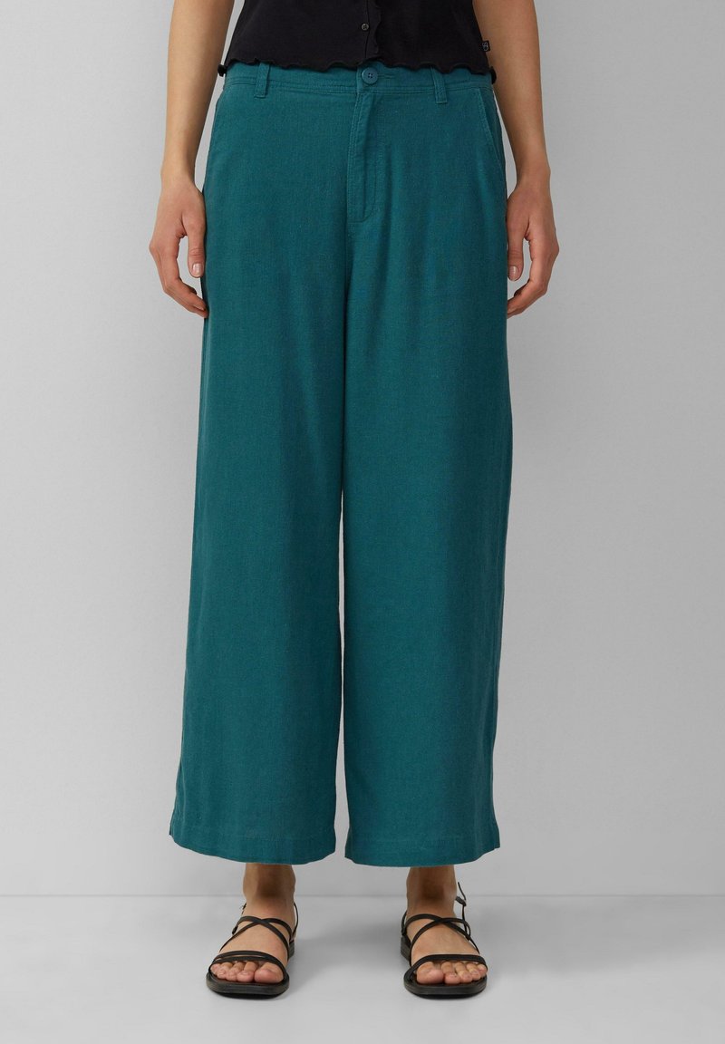Teal, wide-leg pants made of lightweight fabric, featuring a button closure and visible seams. Worn with black strappy sandals.