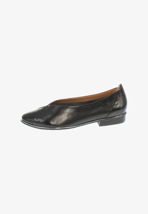 Black leather ballet flat with a pointed toe, slight heel, and a smooth texture. Features a stitched accent along the upper edge.