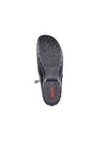 Black rubber shoe sole featuring a textured tread pattern, with red "Rider" branding near the heel and a side zipper detail.