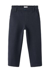Navy blue pants made from a textured material. Features an elastic waistband, front pockets, and a button accent on the waistband.