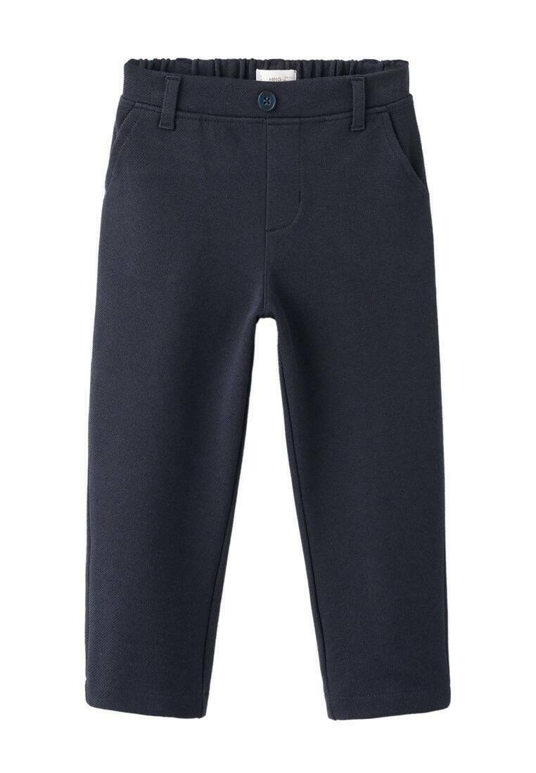 Navy blue pants made from a textured material. Features an elastic waistband, front pockets, and a button accent on the waistband.