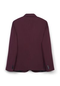 Blazer bordeaux con design sartorial, revers a punta, maniche lunghe e quattro bottoni su ciascun polsino. Texture liscia e forma strutturata.