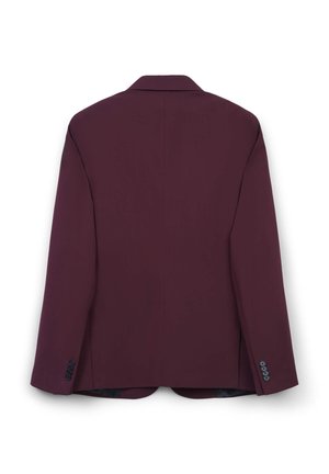 Burgunderfarbener Blazer mit maßgeschneidertem Design, fallschnitt, langen Ärmeln und vier Knöpfen an jedem Ärmel. Glatte Textur und strukturierte Form.