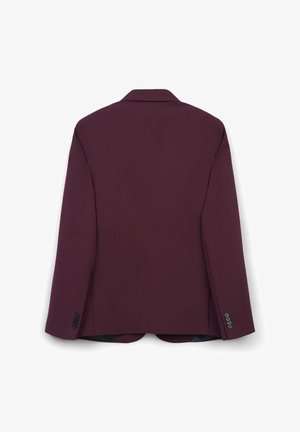 Burgunderfarbener Blazer mit maßgeschneidertem Design, fallschnitt, langen Ärmeln und vier Knöpfen an jedem Ärmel. Glatte Textur und strukturierte Form.