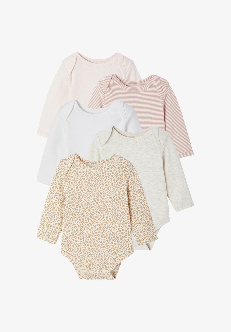 Five long-sleeve baby bodysuits in pink, white, beige, and light brown with a leopard print, made of soft fabric with round necklines.