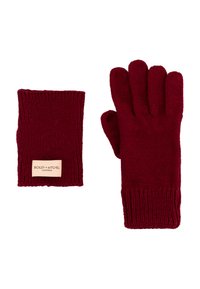 Bordeaux gebreide handschoenen en vingerloze wanten gemaakt van zacht materiaal, met ribgebreide boorden en een leren merklabel op de wanten.