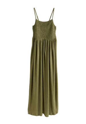 Olive green maxi dress with thin straps, smocked bodice, and flowing skirt. Made of lightweight fabric with a textured finish.