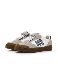 Zapatillas de estilo bajo con un upper de ante y cuero en tonos gris y blanco, presentando un logo azul, cordones blancos, una correa de Velcro gris y una suela de goma marrón.