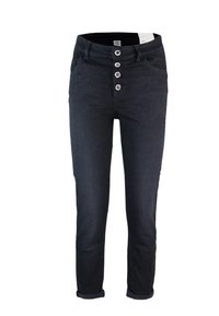 Pantaloni in denim scuro con un design aderente, caratterizzati da un alto punto vita, chiusura con cinque bottoni e orli arrotolati alle caviglie.