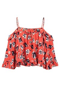 Blouse rouge à épaules dénudées avec fines bretelles, col et ourlet à volants, décorée d'un motif floral blanc et noir.