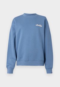 Sweatshirt bleu en tissu doux, avec un col rond, des poignets côtelés et un logo de marque blanc sur la poitrine.