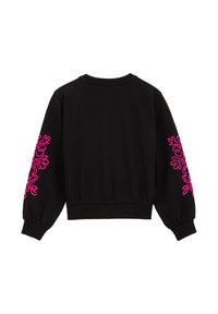 Melnā sporta jakā ir rozā ziedu izšuvums uz abām piedurknēm. Ribota kakla izgriezuma un aproču apdare, kā arī pieguļošs jostasvieta. Maiga auduma tekstūra.