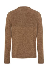 Brązowy sweter dziany z okrągłym dekoltem, prążkowaną fakturą na ramionach i rękawach oraz gładkim wykończeniem dolnej części.