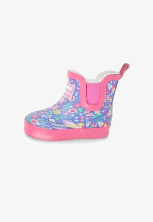 Lilla veekindel kummist saabas lillemustriga ja roosade aktsentidega. Fliisvooder ja käepide mugavaks jalga panemiseks. Ribidega talla osa haardev.