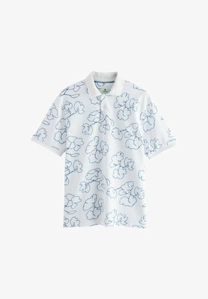 Bílé polo tričko s modrým květinovým vzorem. Klasický límeček, krátké rukávy, texturovaná tkanina. Obsahuje tři knoflíky na krku.