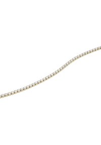 Aukso tonų kaklo papuošalas, kuriame yra aiškių, apvalių brangakmenių linija, įstatyta į glotnų, lanksčią grandinėlę, kuri sukuria bangavimo formą.