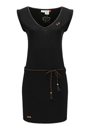 Zwarte mouwloze jurk met V-hals, decoratieve stiksels, gevlochten riem met franjes en twee kleine houten knopen op de borst.