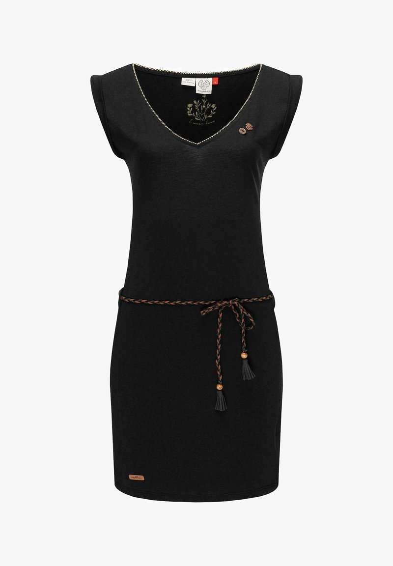 Zwarte mouwloze jurk met V-hals, decoratieve stiksels, gevlochten riem met franjes en twee kleine houten knopen op de borst.