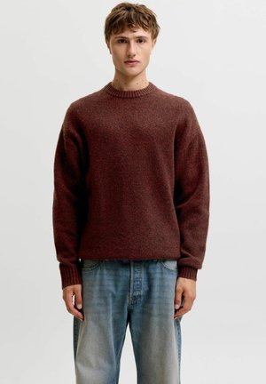 Jeune homme aux cheveux bruns courts portant un pull en maille rouge foncé et un jean bleu ample, debout devant un fond blanc uni.
