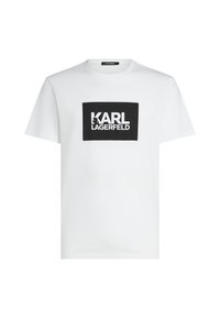 Fehér pamut póló, fekete téglalap alakú grafikával, rajta a "KARL LAGERFELD" felirat vastag fehér betűkkel. Rövid ujjú és kerek nyakú kialakítás.