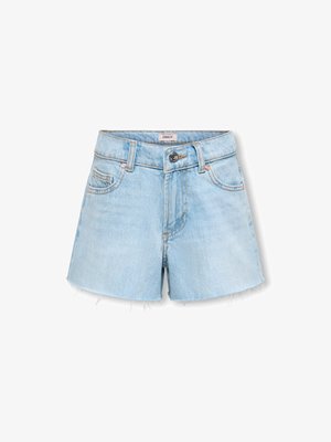 Világoskék farmer rövidnadrág rojtos szegéllyel, gombos és cipzáras záródással, elülső és aprópénztárca zsebekkel, valamint övbújtatókkal.