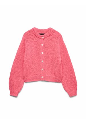 Roosa pakse koega kardigan pikkade varrukatega, ümar kaelusega ja kuue valge ees oleva nupuga.