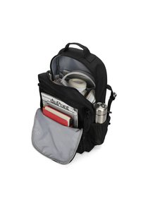 Sac à dos noir en tissu avec un intérieur gris, doté de plusieurs compartiments, d'une poche en mesh sur le côté et d'une poche à rabat à l'avant pour le rangement.