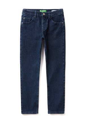 Jean en denim bleu foncé avec une texture lisse, une coupe ajustée, cinq poches et une fermeture à bouton à l'avant. Détails cousus le long des coutures.