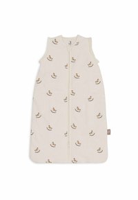 Sac de couchage en coton crème avec fermeture éclair, orné d'un motif de chevaux à bascule et texturé avec des rayures verticales.