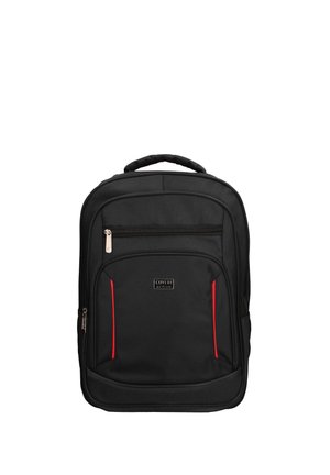 Sac à dos noir avec poche avant zippée, accents verticaux rouges, poignée supérieure rembourrée et étiquette "Coveri active" sur la poche avant.