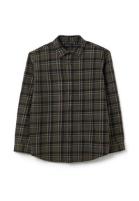 Camicia di flanella a quadri verdi e neri con bottoni frontalmente, colletto e maniche lunghe. Tessuto morbido e design con orlo dritto.