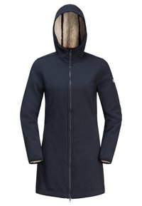 Marineblå softshell-jacka med dragkedja, som har en fodrad huva och innertyg i fleece, långa ärmar och en strömlinjeformad design.