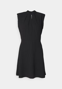 Black sleeveless dress features a high neckline, pleated detailing, a fitted bodice, and a flared skirt with a knee-length hem.
