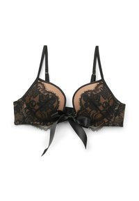 Černá krajková podprsenka s tylovými košíčky, složitými květinovými vzory, nastavitelnými ramínky a saténovou mašlí uprostřed.