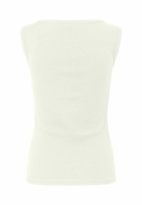 Top senza maniche a coste in un leggero color crema, caratterizzato da un design aderente e un colletto a girocollo, con una texture liscia e una leggera elasticità.