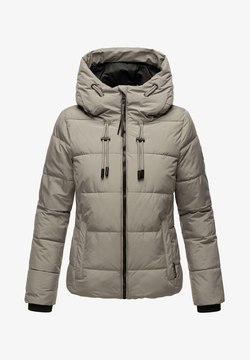 Light grey puffer jacket with a hood, featuring a front zipper, drawstrings, and textured paneling. Made of synthetic material with zippered pockets.