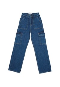 Wide-leg blue denim cargo pants with high waist, front pockets, and large side flap pockets, laid flat on white background.