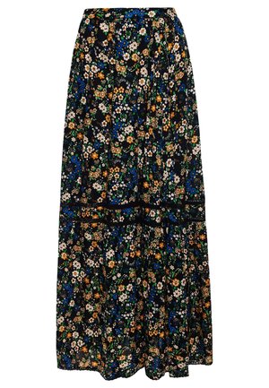 Long black skirt with blue, orange, and white small floral pattern and gathered sections creating a tiered effect.