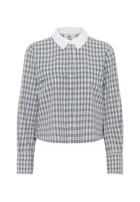 Camisa recortada en patrón de cuadros azul y blanco, hecha de tela ligera, con un cuello blanco y mangas largas con puños de botón.