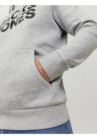 Šedá mikina s kapucí, přední kapsou a žebrovanými manžetami a lemem. Na přední straně černý nápis s logem. Hladká textura látky.