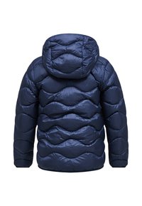 Giubbotto imbottito blu navy con cappuccio, caratterizzato da un design trapuntato e una texture liscia. La vista posteriore mostra motivi di cuciture ondulate.