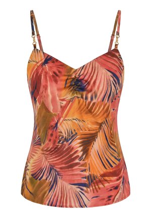 Haut sans manches à fines bretelles spaghetti avec un motif de feuilles de palmier orange, rose et bleu marine, et un détail froncé au centre devant.